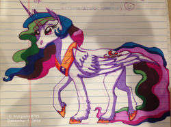 Size: 1560x1160 | Tagged: safe, artist:stargazerseven, imported from derpibooru, princess celestia, alicorn, pony, female, hoof shoes, lined paper, mare, peytral, raised tail, solo, tail, traditional art