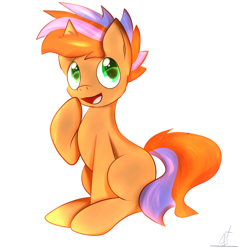 Size: 1400x1400 | Tagged: safe, artist:almaustral, imported from derpibooru, oc, oc only, earth pony, pony, :d, earth pony oc, raised hoof, signature, simple background, sitting, smiling, solo, white background