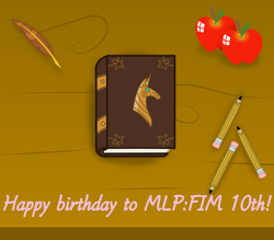 Size: 1280x1120 | Tagged: safe, imported from derpibooru, 10, apple, book, food, happy birthday mlp:fim, mlp fim's tenth anniversary, pencil, text