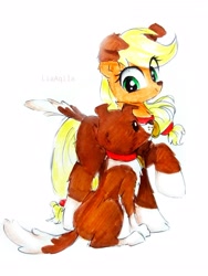 Size: 2289x3051 | Tagged: safe, artist:liaaqila, imported from derpibooru, applejack, winona, dog, earth pony, pony, animal costume, clothes, cosplay, costume, cute, hnnng, jackabetes, pet, simple background, traditional art, white background