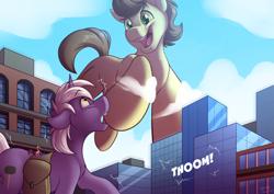 Size: 4093x2894 | Tagged: safe, alternate version, artist:sugaryviolet, imported from derpibooru, oc, oc:city sweep, oc:drawbridge, oc:sugary violet, pony, building, city, descriptive noise, detailed background, duo focus, giant earth pony, giant pony, giant unicorn, macro, mega giant, open mouth, raised hoof, size difference