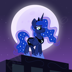 Size: 3000x3000 | Tagged: safe, artist:pink-pone, imported from derpibooru, princess luna, alicorn, pony, ethereal mane, female, lidded eyes, looking down, mare, moon, night, solo, starry mane, stars