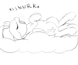 Size: 1200x1000 | Tagged: safe, artist:datte-before-dawn, lightning dust, pegasus, pony, cloud, eyes closed, female, mare, on a cloud, on back, open mouth, sketch, sleeping, sleeping on cloud, snoring, solo, wings