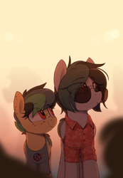 Size: 1106x1600 | Tagged: safe, artist:shinodage, oc, oc only, oc:apogee, oc:delta vee, pegasus, pony, aviators, clothes, cute, ear freckles, eye clipping through hair, female, filly, freckles, glasses, hawaiian shirt, mare, mother and child, mother and daughter, shirt, smiling, sunglasses, wings