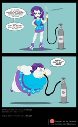 Size: 900x1473 | Tagged: safe, artist:niban-destikim, imported from derpibooru, rarity, equestria girls, cartoon logic, cartoon physics, comic, commission, dialogue, floating, forth wall break, green background, helium, helium tank, inflation, simple background, tube, word balloon