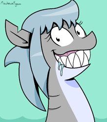 Size: 700x800 | Tagged: safe, artist:machacapigeon, oc, oc only, oc:königstiger, original species, pony, shark, shark pony, drool, female, looking at you, sharp teeth, signature, simple background, solo, teal background, teeth