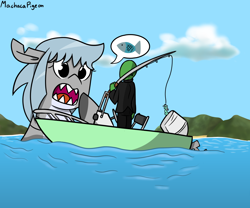 Size: 1200x1000 | Tagged: safe, artist:machacapigeon, lyra heartstrings, oc, oc:anon, oc:königstiger, fish, original species, pony, sea pony, shark, shark pony, bait, boat, cloud, female, fishing rod, male, mountain, ocean, open mouth, seaponified, seapony lyra, sharp teeth, signature, species swap, teeth