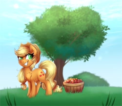 Size: 2481x2156 | Tagged: safe, artist:confetticakez, artist:modularpon, imported from derpibooru, applejack, earth pony, pony, apple, basket, cheek fluff, chest fluff, colored pupils, cute, ear fluff, female, food, jackabetes, leg fluff, mare, open collaboration, smiling, solo, tree