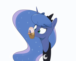 Size: 800x640 | Tagged: safe, artist:30clock, imported from derpibooru, princess luna, pony, :p, blushing, bust, cross-eyed, cute, donut, donutsnootle, dork, female, food, horse problems, licking, lunabetes, portrait, raised eyebrow, silly, silly pony, simple background, solo, stuck, tongue out, white background, wide eyes