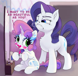 Size: 5000x4864 | Tagged: safe, artist:xbi, imported from derpibooru, rarity, sweetie belle, pony, unicorn, applying makeup, blank flank, chest fluff, cute, diasweetes, duo, ear fluff, fake cutie mark, female, filly, foal, heavy makeup, horn, horses doing horse things, horses doing human things, lipstick, looking down, makeup, mare, mirror, rarity is not amused, sitting, snorting, tabun art-battle finished after, this will not end well, unamused