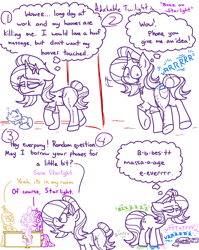 Size: 4779x6013 | Tagged: safe, artist:adorkabletwilightandfriends, imported from derpibooru, moondancer, spike, starlight glimmer, twilight sparkle, oc, oc:pinenut, alicorn, cat, dragon, pony, unicorn, comic:adorkable twilight and friends, absurd resolution, adorkable, adorkable twilight, belt, bun, butt, buzz, cellphone, clothes, comic, cute, dork, funny, humor, jeans, mane, pain, pants, phone, plot, sitting, slice of life, smartphone, sore, tired, twilight sparkle (alicorn), vibrate, vibrating, work, work clothes