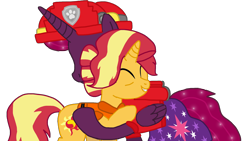 Size: 1918x1080 | Tagged: safe, artist:徐詩珮, imported from derpibooru, fizzlepop berrytwist, sunset shimmer, tempest shadow, alicorn, series:sprglitemplight diary, series:sprglitemplight life jacket days, series:springshadowdrops diary, series:springshadowdrops life jacket days, alicornified, alternate universe, clothes, female, lifejacket, marshall (paw patrol), older, older sunset, older tempest shadow, paw patrol, race swap, simple background, tempesticorn, transparent background