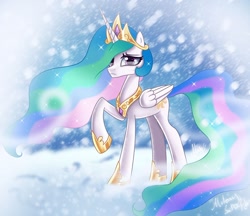 Size: 1280x1105 | Tagged: safe, artist:melanyschaffer, artist:opal_radiance, imported from derpibooru, princess celestia, alicorn, pony, crown, female, hoof shoes, jewelry, mare, one hoof raised, raised hoof, regalia, snow, solo