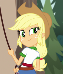 Size: 886x1046 | Tagged: safe, imported from derpibooru, screencap, applejack, equestria girls, legend of everfree, camp everfree outfits, climbing harness, cropped, cute, female, jackabetes, looking back, smiling, smirk, solo