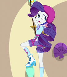 Size: 942x1080 | Tagged: safe, imported from derpibooru, screencap, rarity, equestria girls, legend of everfree, adorable distress, camp everfree outfits, climbing harness, cropped, cute, female, helmet, rock climbing, solo