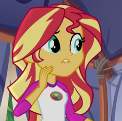 Size: 1052x1044 | Tagged: safe, imported from derpibooru, screencap, sunset shimmer, equestria girls, legend of everfree, camp everfree outfits, cropped, female, lip bite, solo