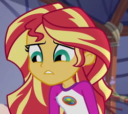 Size: 1170x1050 | Tagged: safe, imported from derpibooru, screencap, sunset shimmer, equestria girls, legend of everfree, camp everfree outfits, cropped, female, sad, solo