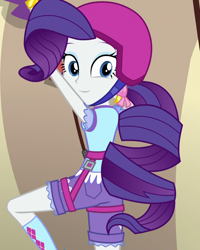 Size: 864x1080 | Tagged: safe, edit, edited screencap, editor:mycarhasamoustache, imported from derpibooru, screencap, rarity, equestria girls, legend of everfree, alternate hairstyle, camp everfree outfits, cropped, female, harness, helmet, looking at you, ponytail, smile edit, solo, tack