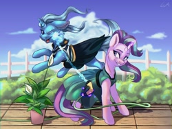 Size: 4000x3000 | Tagged: safe, artist:galinn-arts, imported from derpibooru, starlight glimmer, trixie, pony, unicorn, clothes, dress, duo, female, fence, flower, glowing horn, high res, horn, hose, levitation, magic, mare, one eye closed, open mouth, potted plant, summer, telekinesis, water