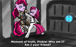 Size: 850x531 | Tagged: safe, imported from derpibooru, pinkie pie, earth pony, pony, crossover, dead space, duality, hallucination, pinkamena diane pie, self ponidox