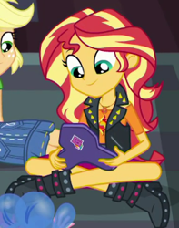 Size: 254x322 | Tagged: safe, imported from derpibooru, screencap, applejack, sunset shimmer, equestria girls, equestria girls series, the finals countdown, boots, clothes, cropped, crossed legs, cute, denim skirt, geode of empathy, jacket, leather, leather jacket, magical geodes, offscreen character, shimmerbetes, shoes, skirt