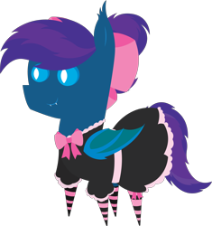 Size: 5699x6073 | Tagged: safe, artist:cosmiceclipsed, artist:tikibat, derpibooru exclusive, imported from derpibooru, oc, oc only, oc:stardust, oc:stardust(cosmiceclipse), bat pony, pony, bat pony oc, bat wings, bow, clothes, crossdressing, dress, ear fluff, eyeshadow, fangs, femboy, maid, makeup, male, membranous wings, pointy ponies, ponytail, simple background, slit eyes, slit pupils, socks, solo, stallion, striped socks, transparent background, wings