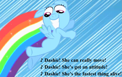 Size: 931x588 | Tagged: safe, edit, edited screencap, imported from derpibooru, screencap, rainbow dash, sonic rainboom (episode), cropped, cute, dashabetes, female, filly, filly rainbow dash, grin, lyrics, michael tavera, smiling, song reference, sonic rainboom, sonic satam, sonic the hedgehog (series), text, the fastest thing alive, younger