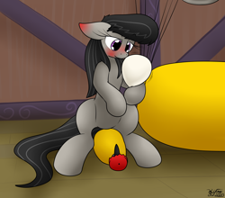 Size: 2244x1977 | Tagged: safe, artist:the-furry-railfan, imported from derpibooru, octavia melody, earth pony, pony, fanfic:a prim party planner's puffy predicament, balloon, blushing, blushing ears, ear blush, fanfic art, female, helium tank, indoors, sitting, solo, story included, this will end in balloons, vinyl and octavia's home