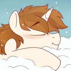 Size: 700x700 | Tagged: safe, artist:crimmharmony, imported from derpibooru, oc, oc only, pony, unicorn, eyes closed, freckles, lying down, prone, snow, solo