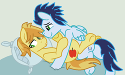 Size: 833x501 | Tagged: safe, artist:box-of-ideas, artist:jadeharmony, artist:jadethepegasus, imported from derpibooru, braeburn, soarin', earth pony, pegasus, pony, base used, bed, bedroom eyes, blanket, gay, gray background, hoof on chin, hug, male, pillow, raised hoof, shipping, simple background, soarburn, stallion, underhoof