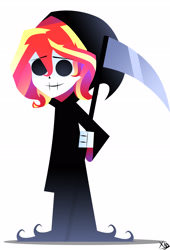 Size: 1820x2683 | Tagged: safe, artist:xan-gelx, imported from derpibooru, sunset shimmer, equestria girls, bone, clothes, costume, grim reaper, halloween, halloween costume, holiday, scythe, simple background, skull, smiling, white background