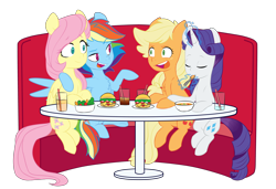 Size: 5068x3458 | Tagged: safe, artist:chub-wub, imported from derpibooru, applejack, fluttershy, rainbow dash, rarity, earth pony, pegasus, pony, unicorn, alternate hairstyle, bowl, burger, chest fluff, date, double date, drink, female, flutterdash, food, freckles, glass, glowing horn, hay burger, horn, hug, lesbian, lettuce, levitation, magic, mare, open mouth, plate, raised hoof, rarijack, salad, seat, shipping, simple background, soda, soup, spoon, straw, table, telekinesis, tomato, transparent background