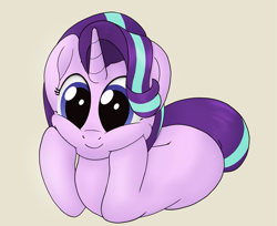 Size: 1011x826 | Tagged: safe, artist:noosa, imported from derpibooru, starlight glimmer, pony, unicorn, beige background, cute, female, glimmerbetes, lying down, mare, simple background, smiling, solo, squishy cheeks