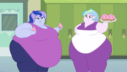 Size: 2560x1440 | Tagged: safe, artist:neongothic, imported from derpibooru, princess celestia, princess luna, equestria girls, bbw, belly, big belly, big breasts, bingo wings, breasts, busty princess celestia, busty princess luna, chubby cheeks, chubbylestia, cleavage, cupcake, double chin, fat, fat boobs, female, food, huge belly, impossibly large belly, morbidly obese, obese, princess moonpig, principal celestia, principal chubbylestia, ssbbw, thighs, thunder thighs, vice principal luna, vice principal moonpig, weight gain