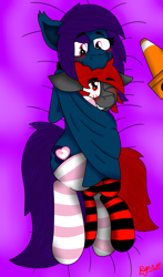 Size: 2000x3400 | Tagged: safe, artist:ryanthecone, imported from derpibooru, oc, oc only, oc:nightshade, oc:ryanthecone, bat pony, bat pony oc, bat wings, blushing, clothes, snuggling, socks, striped socks, traffic cone, wings