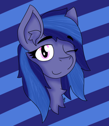 Size: 1726x1984 | Tagged: safe, artist:ryanthecone, imported from derpibooru, oc, oc:cuddly, earth pony, pony, abstract background, bust, commission, earth pony oc, one eye closed, portrait, wink