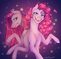 Size: 2386x2311 | Tagged: safe, artist:squishkitti, imported from derpibooru, pinkie pie, duality, mitosis, pinkamena diane pie, scowl, signature, smiling, starry backdrop