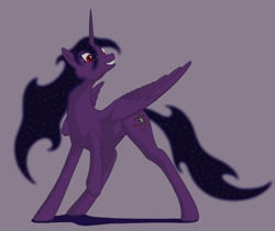 Size: 1920x1611 | Tagged: safe, artist:nebulastar985, imported from derpibooru, oc, oc only, oc:midnight star, alicorn, pony, fanfic:midnight star, alicorn oc, ethereal mane, female, grin, horn, mare, purple background, raised hoof, simple background, smiling, solo, starry mane, wings