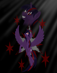 Size: 1497x1920 | Tagged: safe, artist:nebulastar985, imported from derpibooru, oc, oc:midnight star, alicorn, pony, fanfic:midnight star, alicorn oc, bust, fanfic, fanfic art, fanfic cover, female, flying, grin, horn, looking up, mare, not brutalight sparcake, not twilight sparkle, not twivine sparkle, smiling, wings