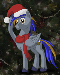 Size: 1539x1920 | Tagged: safe, artist:nebulastar985, imported from derpibooru, oc, oc:nebula star, pegasus, pony, christmas, clothes, hat, holiday, male, pegasus oc, salute, santa hat, scarf, stallion, unshorn fetlocks, wings