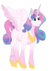 Size: 1194x1593 | Tagged: safe, artist:doodlebugdraws, imported from derpibooru, princess flurry heart, alicorn, pony, blank flank, colored wings, colored wingtips, eye clipping through hair, female, hoof shoes, horn, mare, older, older flurry heart, peytral, simple background, smiling, solo, spread wings, white background, wings