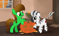 Size: 2325x1448 | Tagged: safe, artist:dyonys, imported from derpibooru, oc, oc:lucky brush, oc:nik, earth pony, pony, zebra, bipedal, braid, carving, chibi, freckles, halloween, holiday, jack-o-lantern, knife, looking at each other, mouth hold, pumpkin, raised hoof, smiling