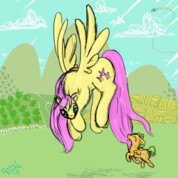 Size: 1000x1000 | Tagged: safe, artist:spatialheather, imported from derpibooru, fluttershy, rainbow dash, oc, oc:applebutter, pegasus, pony, biting, colt, duo focus, female, flying, flying lesson, foal, male, mare, mother and child, mother and son, offspring, parent:big macintosh, parent:fluttershy, parents:fluttermac, tail bite