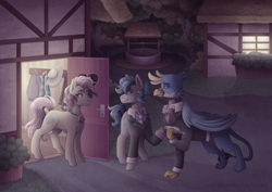 Size: 4960x3507 | Tagged: safe, artist:kikirdcz, imported from derpibooru, gallus, high tide (g4), sandbar, earth pony, griffon, pony, absurd resolution, clothes, commission, date, door, fanfic art, female, gallbar, gay, gay in front of girls, house, implied gallbar, male, mother and child, mother and son, ponyville, shipping, suit, teenager, well