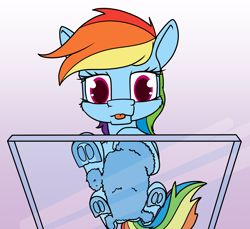 Size: 1400x1281 | Tagged: safe, artist:dacaoo, imported from derpibooru, rainbow dash, pegasus, pony, :p, behaving like a cat, belly, fluffy, frog (hoof), glass table, looking at you, looking down, looking down at you, low angle, lying down, ponyloaf, prone, sitting on glass, solo, tongue out, underhoof, worm's eye view
