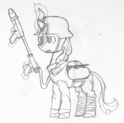 Size: 1806x1794 | Tagged: safe, artist:alexi148, imported from derpibooru, kirin, equestria at war mod, flamethrower, male, monochrome, sketch, soldier, solo, stallion, weapon