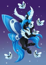 Size: 754x1060 | Tagged: safe, artist:feneksia, imported from derpibooru, oc, oc only, oc:moxithya, changeling, insect, moth, mothling, mothpony, original species, blue changeling, cheek rub, flying, species swap