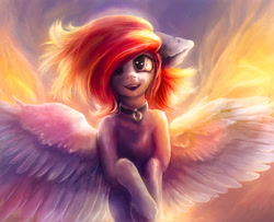Size: 1000x810 | Tagged: safe, artist:stdeadra, imported from derpibooru, oc, oc only, pegasus, pony, big eyes, choker, collar, ear fluff, sky, smiley face, smiling, solo, speedpaint, wings