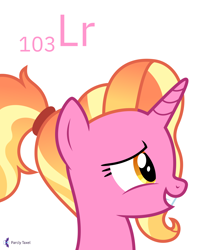 Size: 4000x5000 | Tagged: safe, artist:parclytaxel, imported from derpibooru, luster dawn, pony, unicorn, series:joycall6's periodic table, .svg available, absurd resolution, bust, chemistry, female, grin, lawrencium, mare, periodic table, portrait, profile, profile view, simple background, smiling, solo, vector, white background