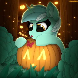 Size: 3000x3000 | Tagged: safe, artist:alexbefest, imported from derpibooru, lyra heartstrings, butterfly, ghost, pony, undead, unicorn, cute, ear fluff, female, halloween, holiday, jack-o-lantern, lyrabetes, mare, my little pony, pumpkin, solo, spooktober, spooky